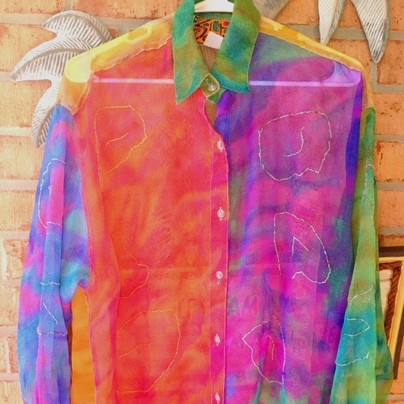 BUTTON DOWN SHEER BEADED BLOUSE SHIRT TOP SIZE SMALL - Picture 3 of 9